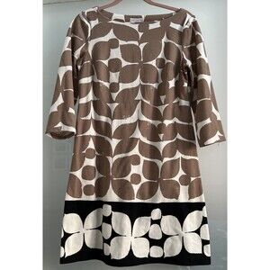 Floral Leaf 3/4 Sleeve Fit and Flare Dress Brown White Black Spring Sz 6